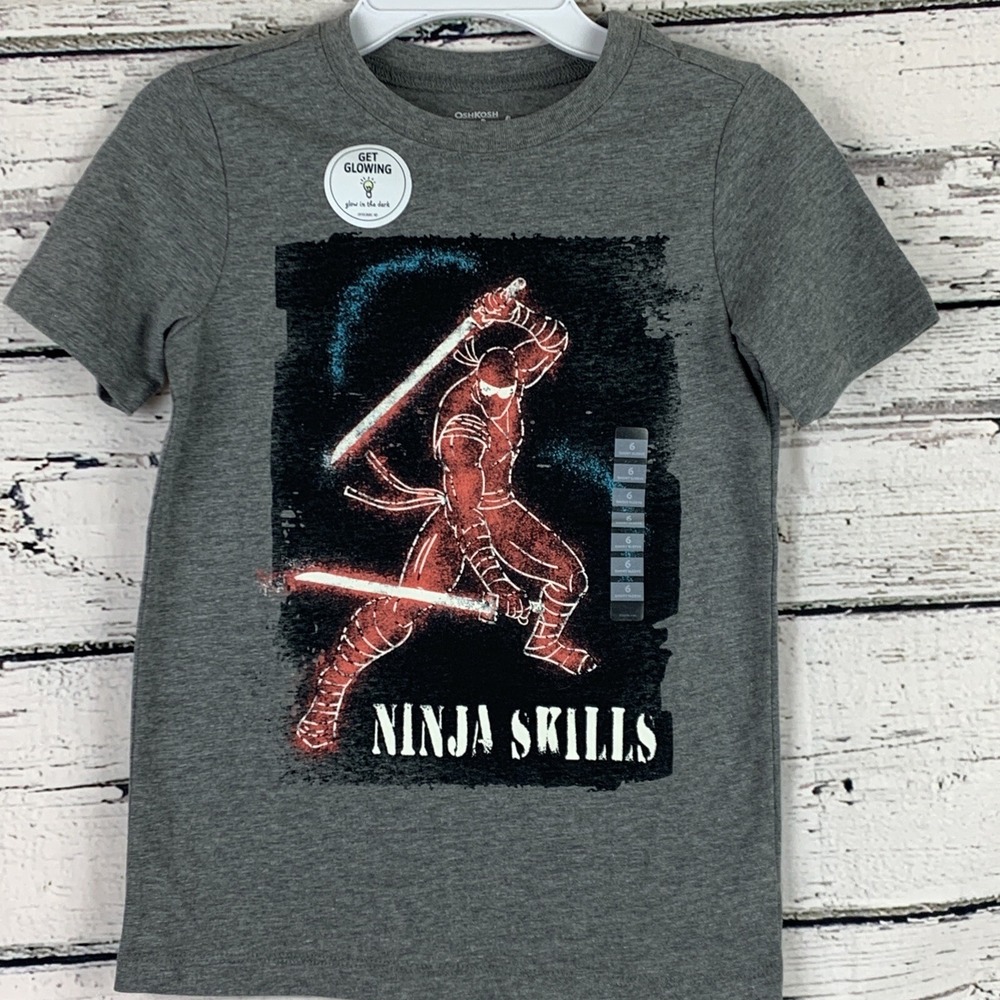 Oshkosh Boys Ninja S/S Glow in the Dark Tee T Shirt Gray 🆕 [Boy's Size 6] NWT‎